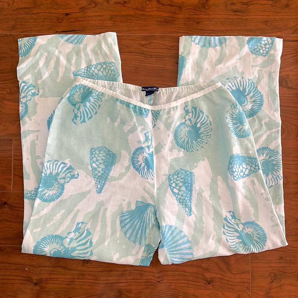 Bahama Hand Prints 100% Linen Blue and White Seashell Pants
